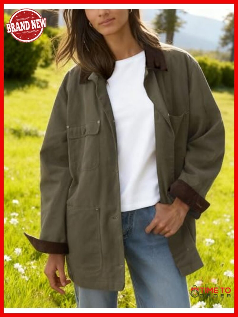 Oversized Utility Cotton Coat Corduroy Collar Vintage Workwear Jacket with - Picture 3 of 6